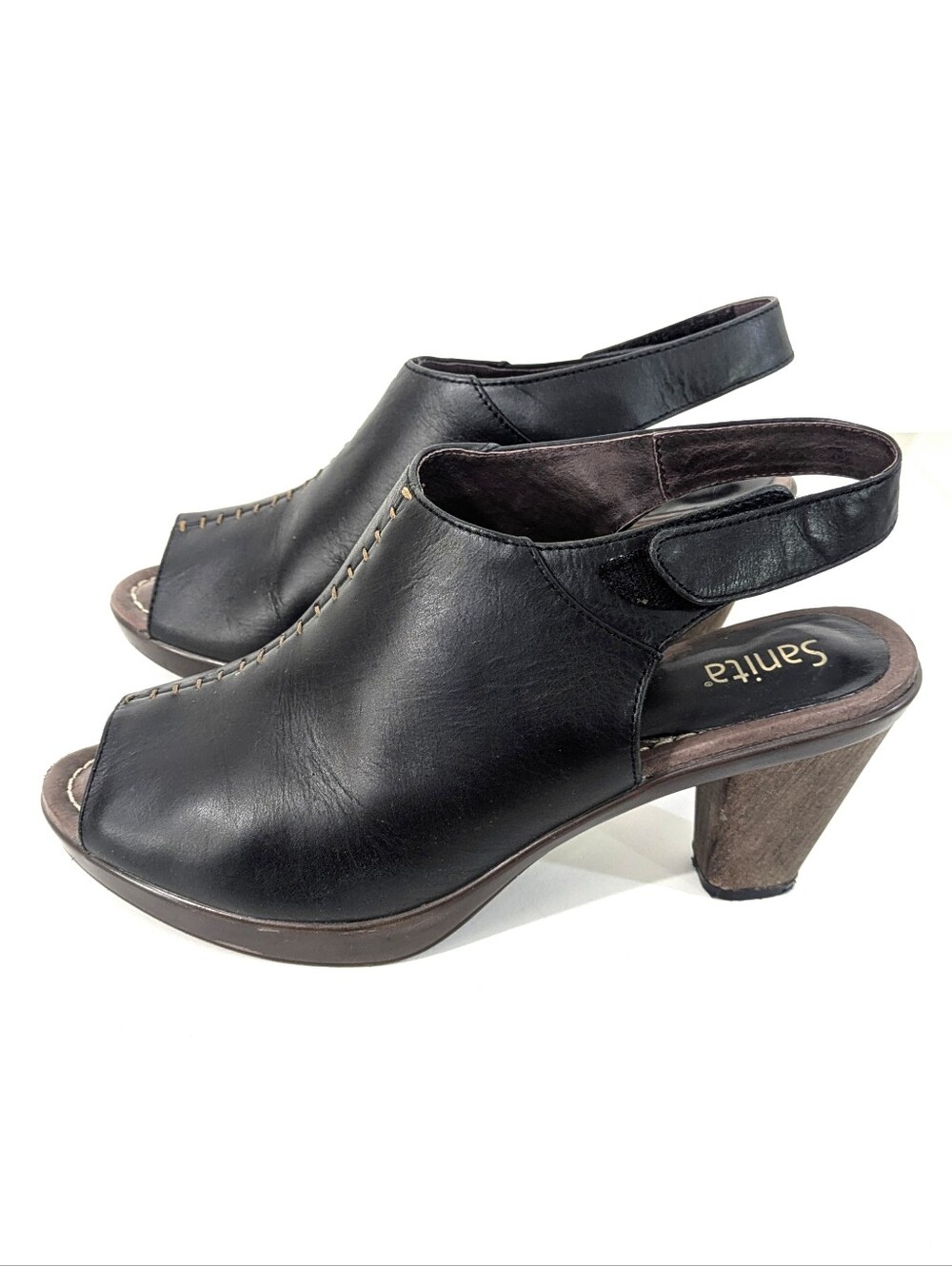 Sanita Black Leather Bliss Bali Peep Toe Heels - Size 42 EU Womens